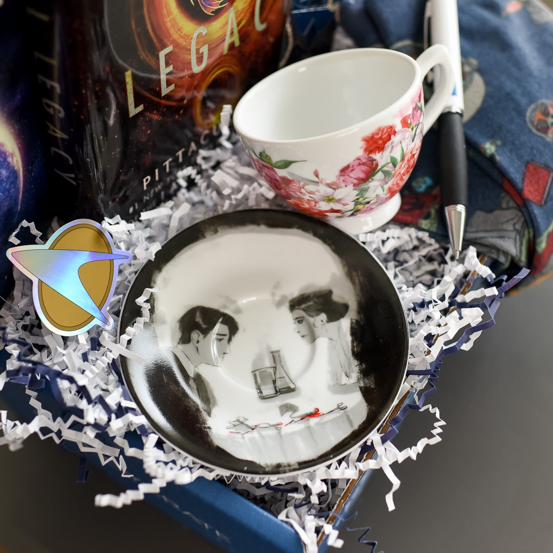 Galaxy Guardians Crate includes a Stalking Jack the Ripper teacup and saucer, Start Trek sticker, and pen 