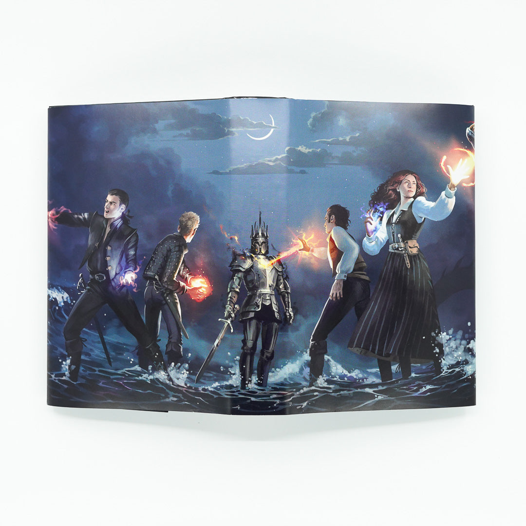 Reversible dust jacket featuring four magicians battling against their foe