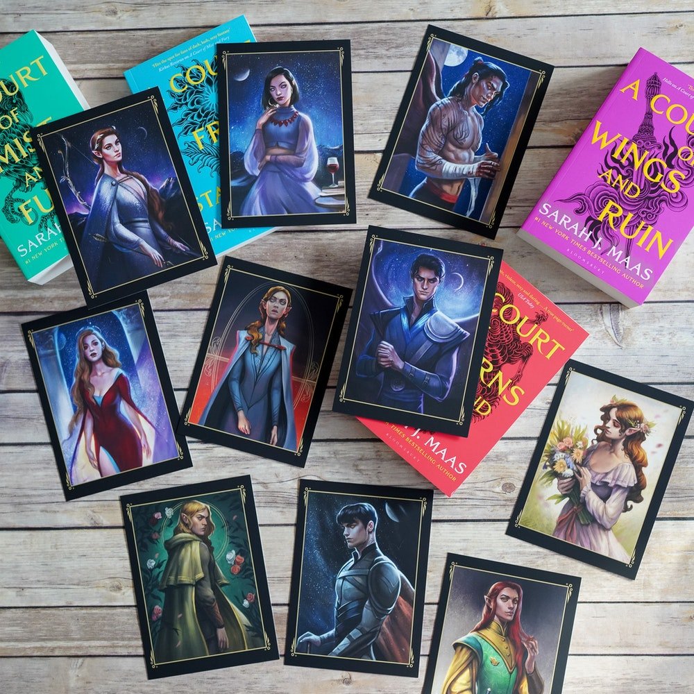 10 ACOTAR Fan Art Prints displayed with black borders and royal colors of the main characters in A Court of Thorns and Roses.