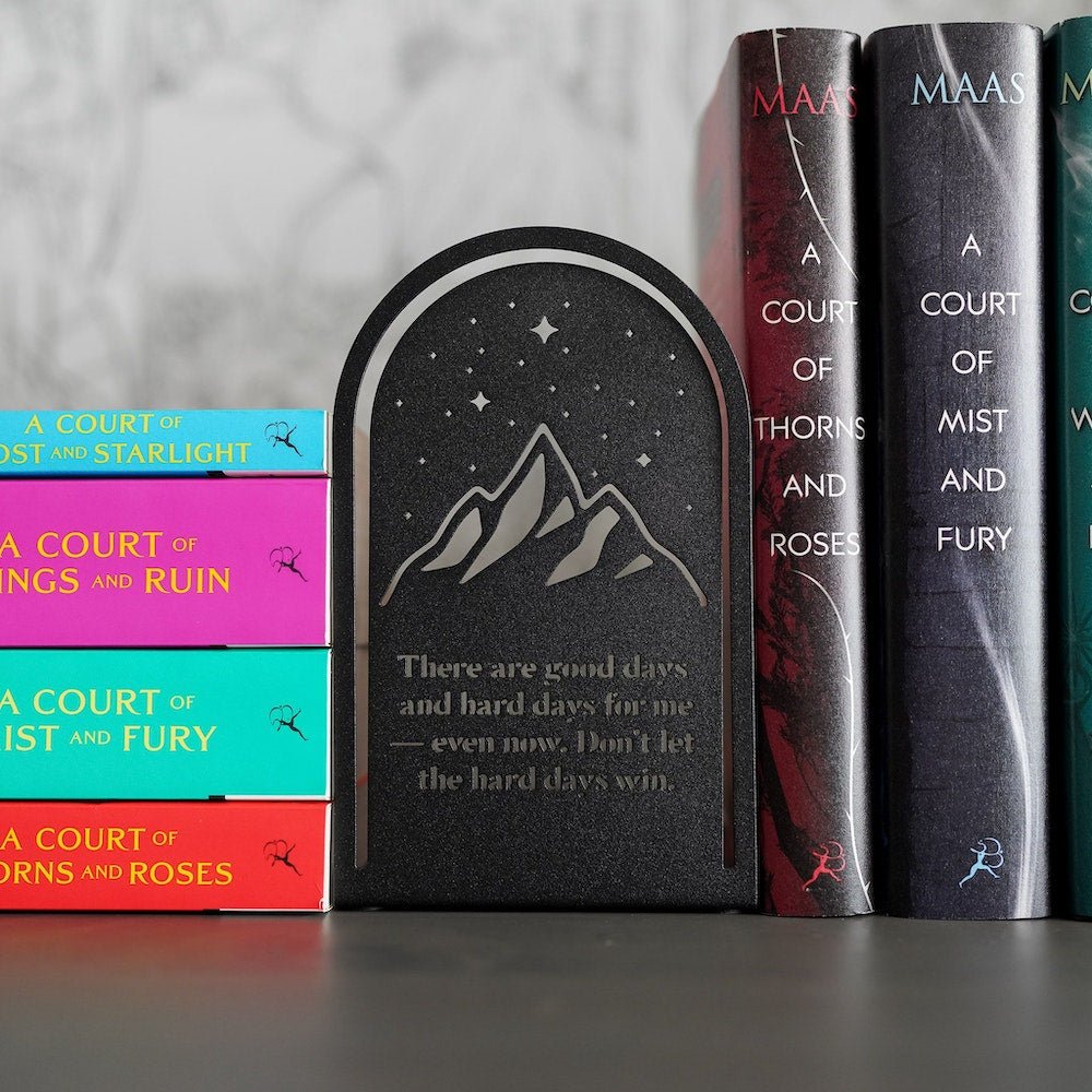 Sarah J. Maas ACOTAR Velaris Bookends with images of mountains and quotes from the books