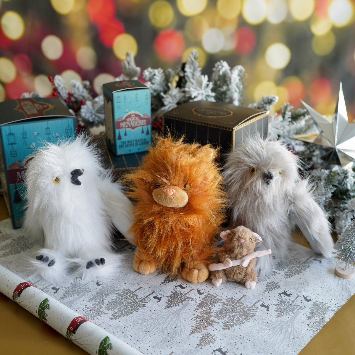 Adopt a Magical Gray Owl Plush with box cage and owl stuffed animal surrounded by white owl, cat, and rat