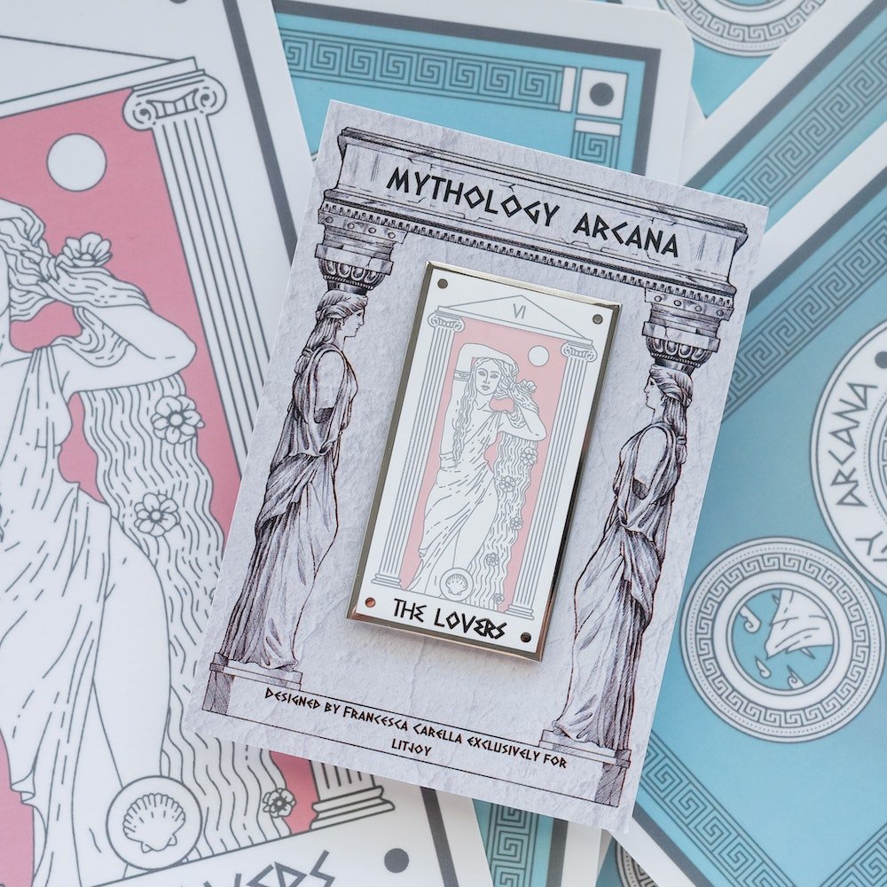 Aphrodite The Lovers, Mythology Tarot Enamel Pin with Aphrodite between two columns and the words "The Lovers” below.