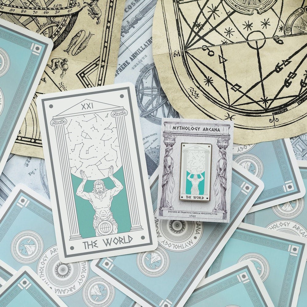 Atlas The World, Mythology Tarot Enamel Pin crouches under the weight of the heavens on a turquoise background.