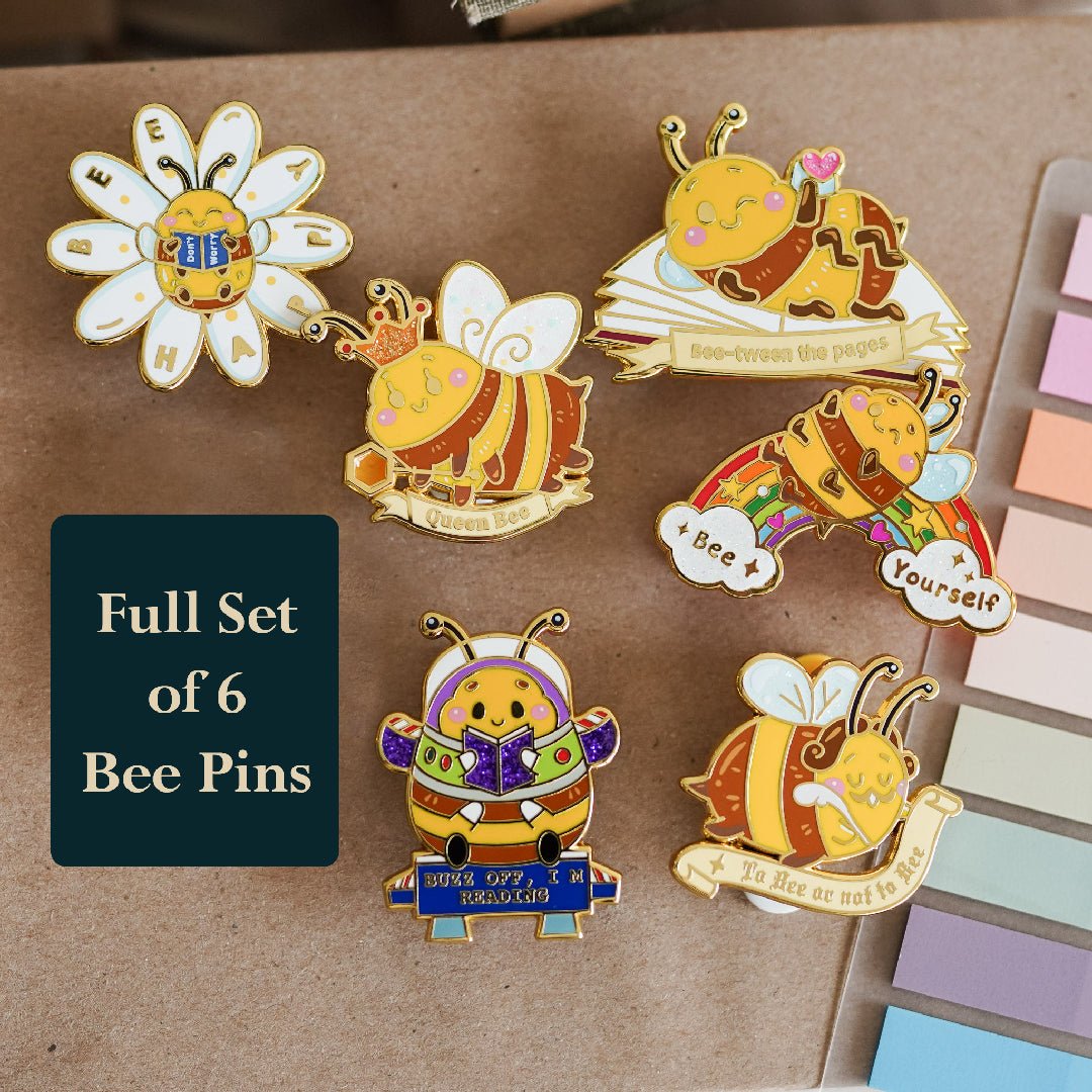 Book Bee Blind Bag Enamel Pins with images of bees and bee puns