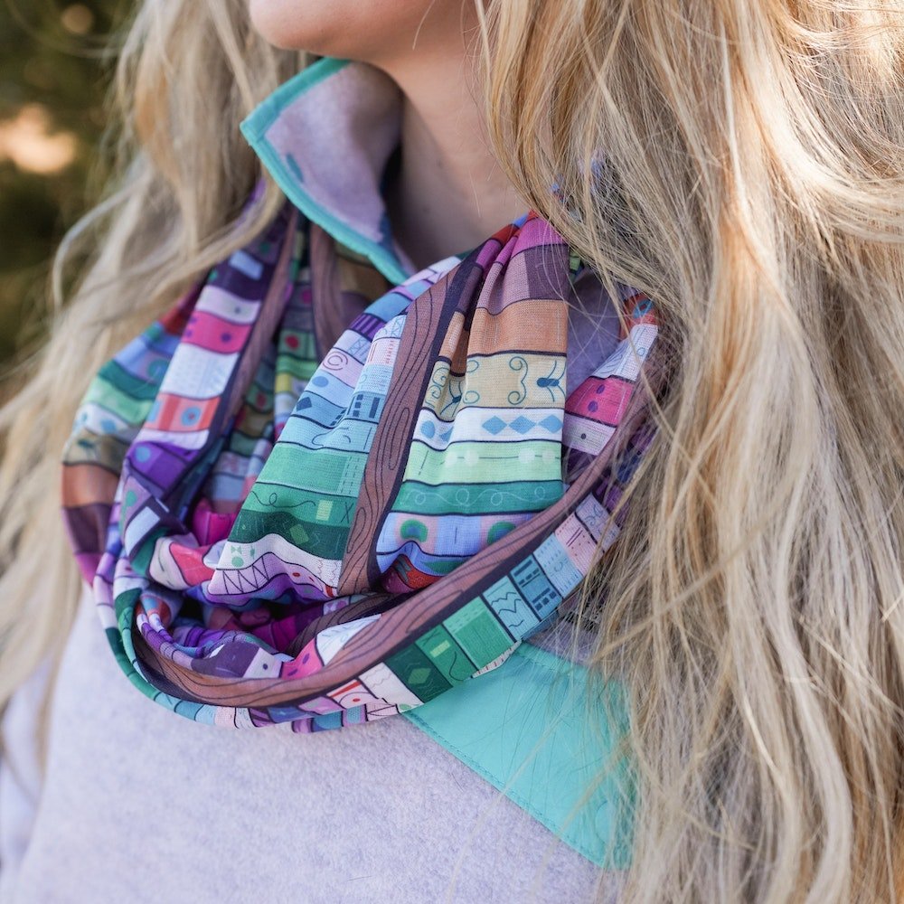 Book Lover Scarf with a colorful bookshelf print