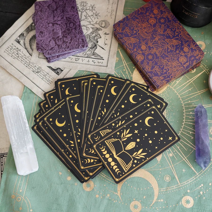Bookish Affirmation Card Deck with gold-foiled lettering and celestial designs