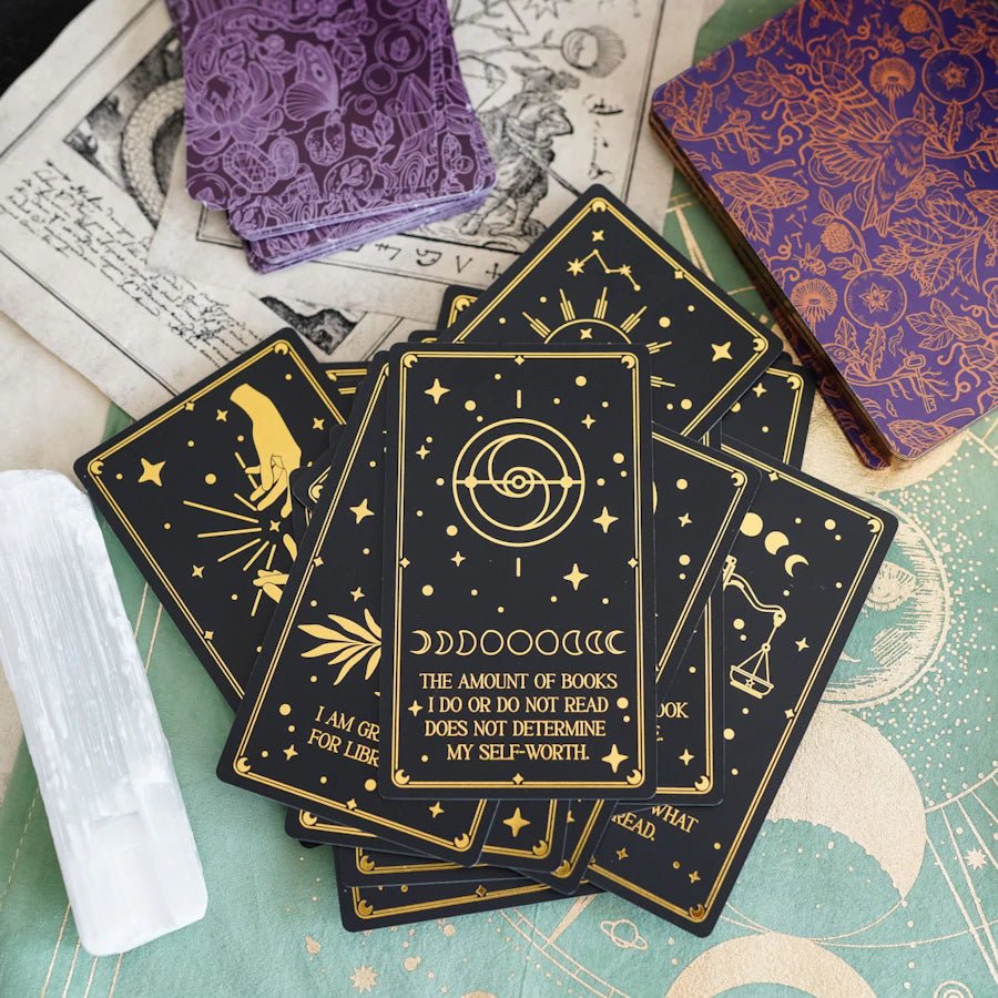 Bookish Affirmation Card Deck with gold-foiled lettering and celestial designs