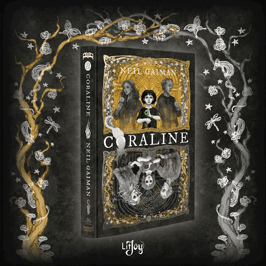 Coraline Illustrated Special Edition features Coraline and her family with a reflection showing the family in the Otherworld.