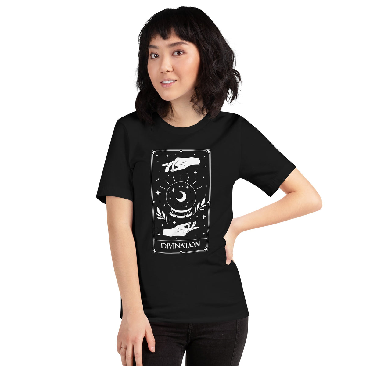Divination Tarot Card Shirt with hands around a crystal ball containing a crescent moon and &quot;divination&quot; on the bottom