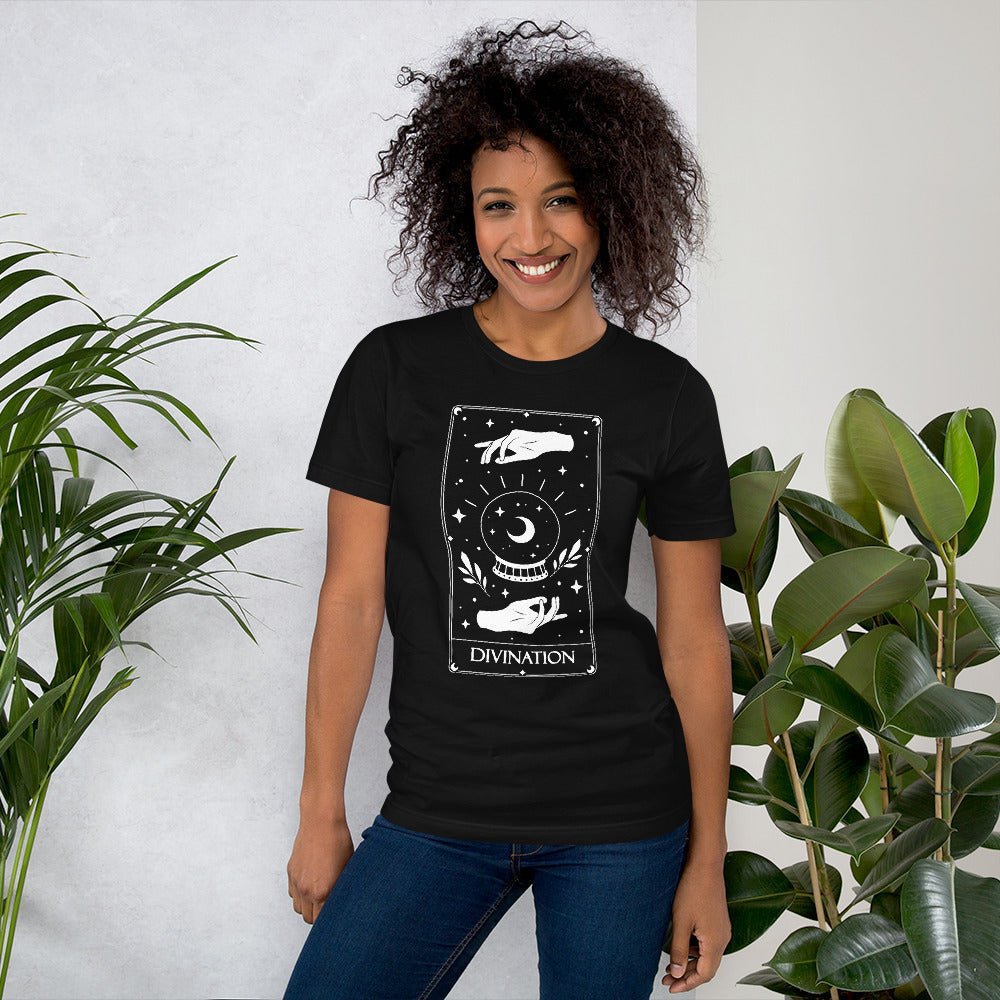 Divination Tarot Card Shirt with hands around a crystal ball containing a crescent moon and "divination" on the bottom
