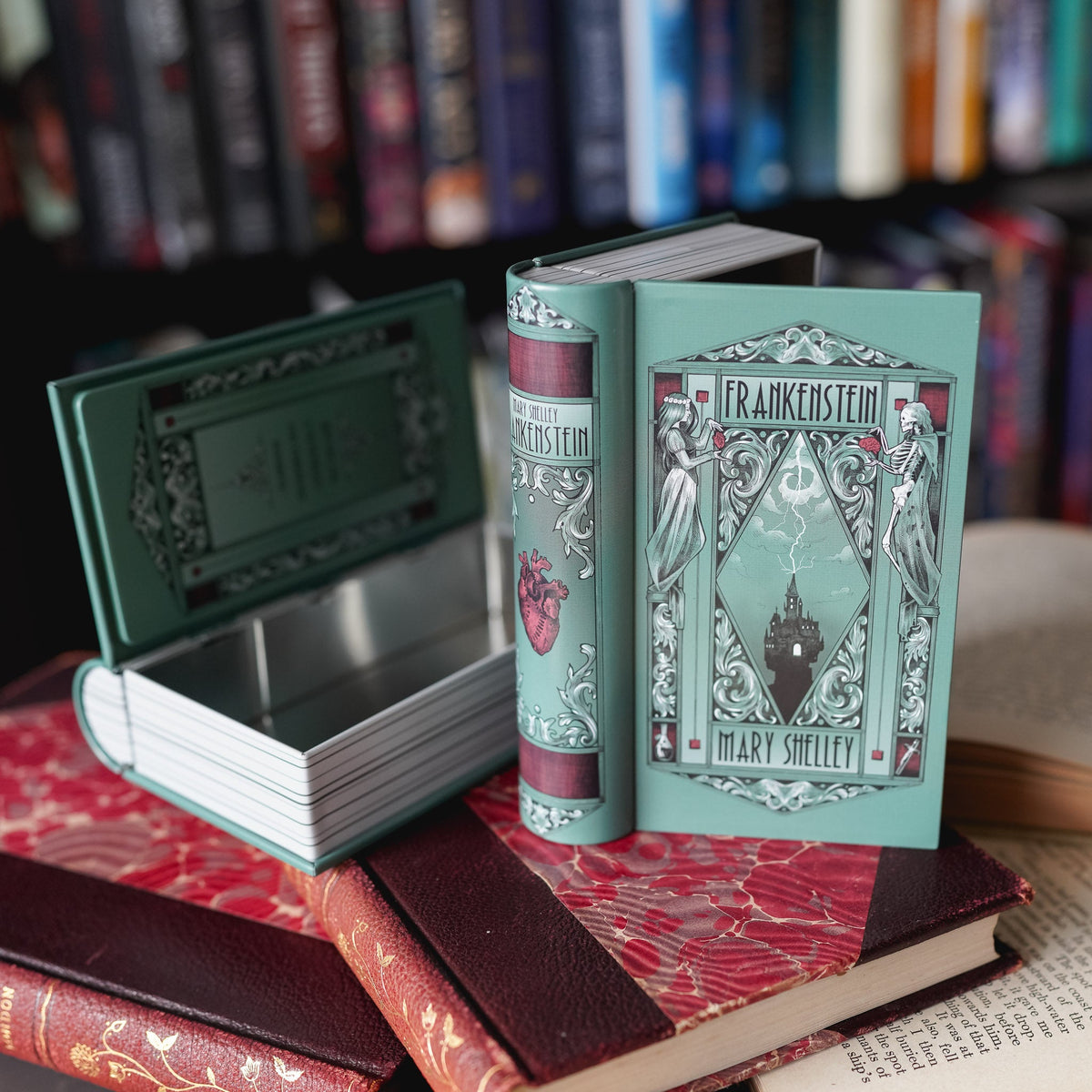 Mary Shelley&#39;s Frankenstein Book Tin with Gothic castle heart and life and death design