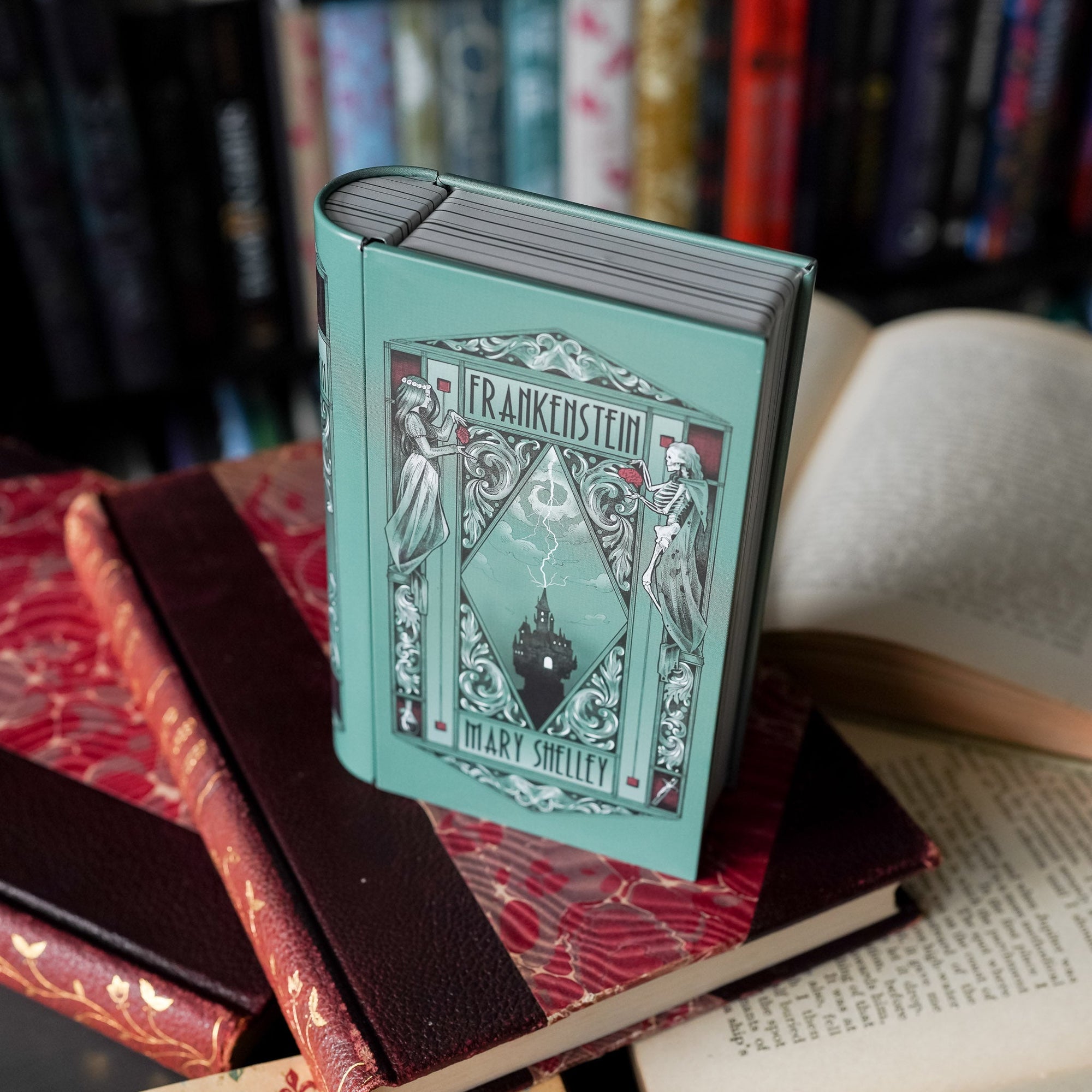 Mary Shelley's Frankenstein Book Tin with Gothic castle heart and life and death design