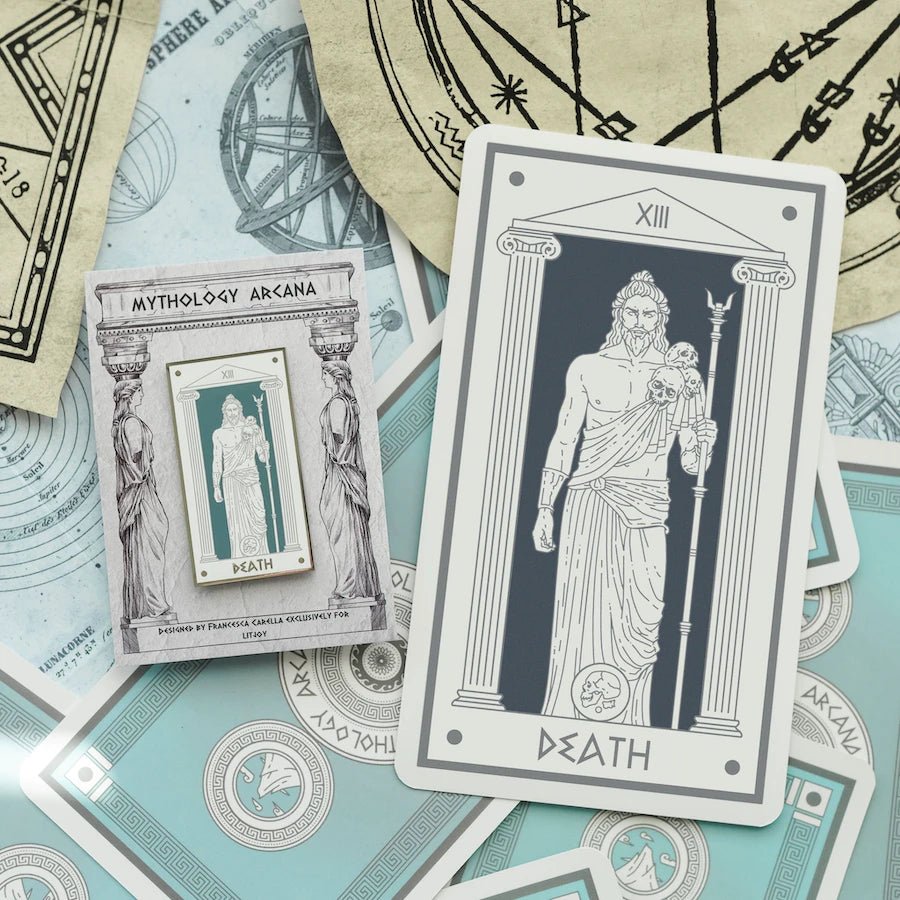 Hades Death Mythology Tarot Enamel Pin shows Hades on a grey background with skulls on his shoulder and holding his sceptre.