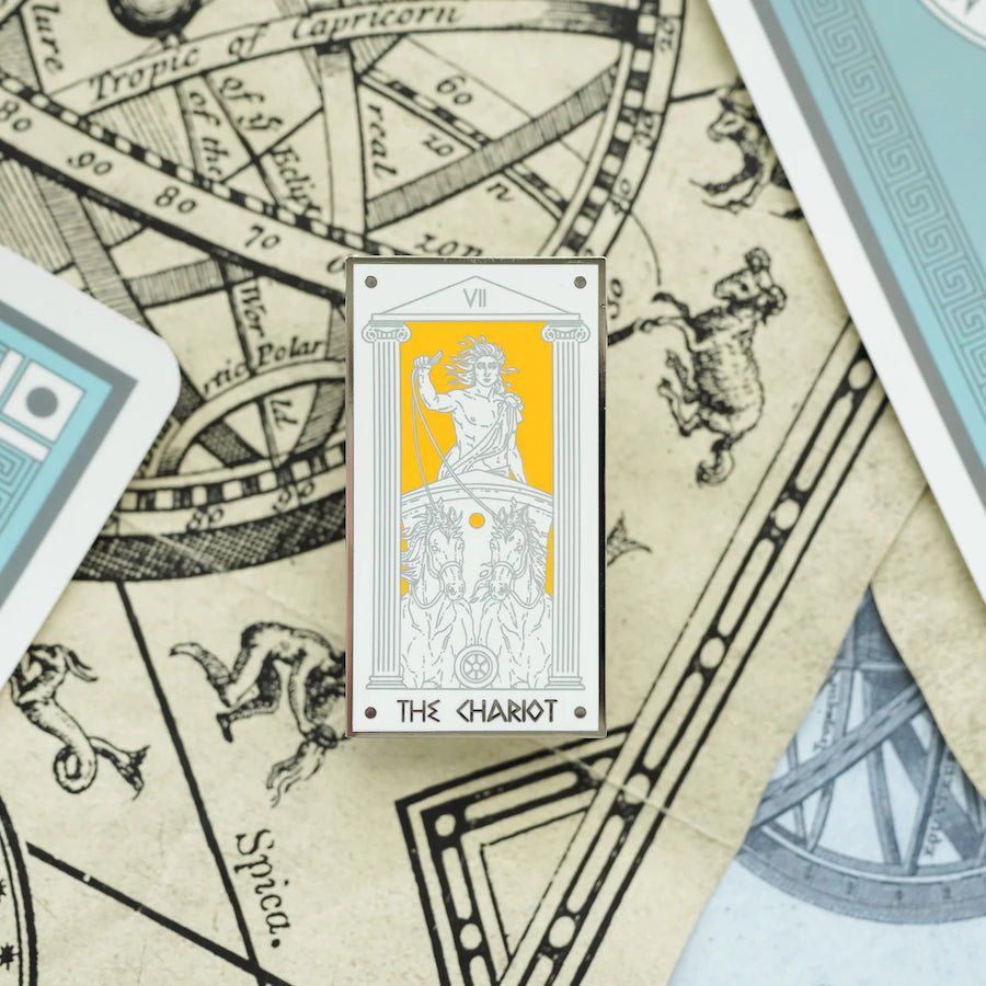 The Helios the Chariot, Mythology Tarot Enamel Pin showcases Helios riding a chariot pulled by two horses