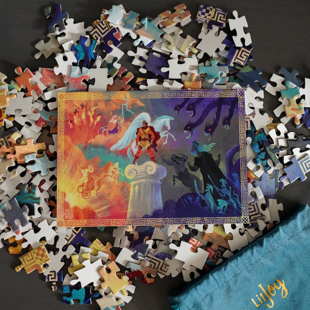 Hercules Puzzle with Art Print featuring Hercules with Pegasus and other various beings from Greek mythology