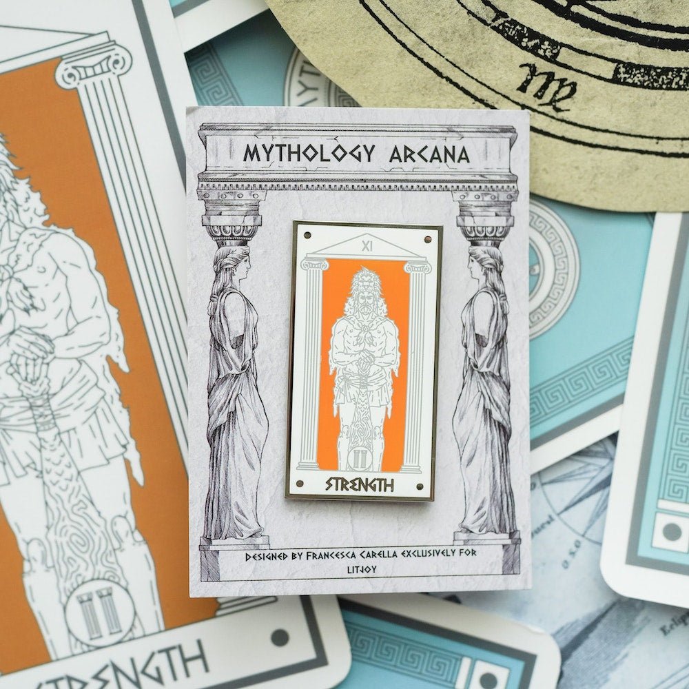 The Hercules Strength, Mythology Tarot Enamel Pin shows the Greek hero in the skin of the Nemean lion—first of his 12 labors.