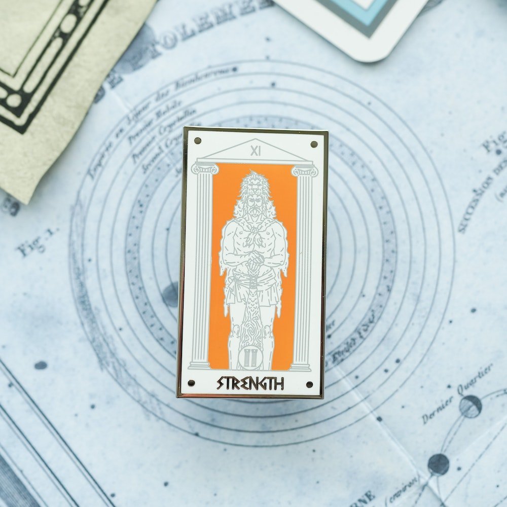 The Hercules Strength, Mythology Tarot Enamel Pin shows the Greek hero in the skin of the Nemean lion—first of his 12 labors.