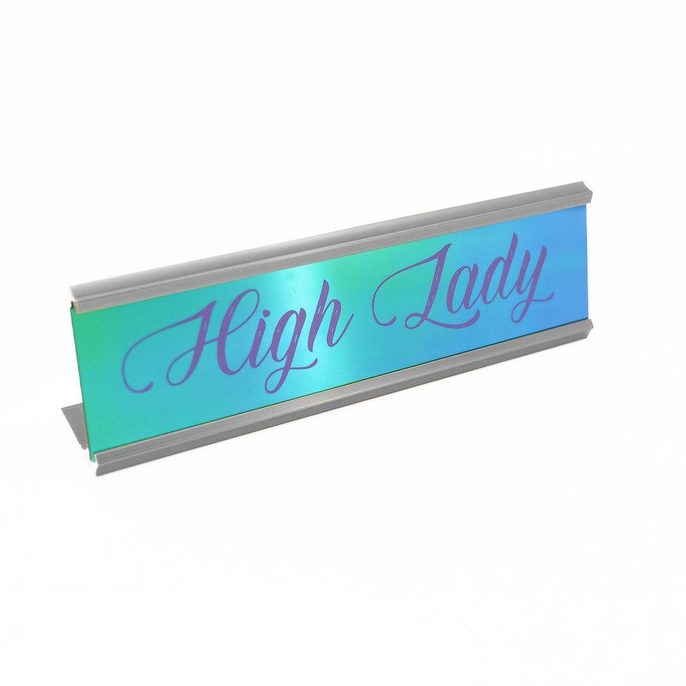 High Lady Name Plate with black backing, purple lettering spelling out “High Lady,” and a silver aluminum stand