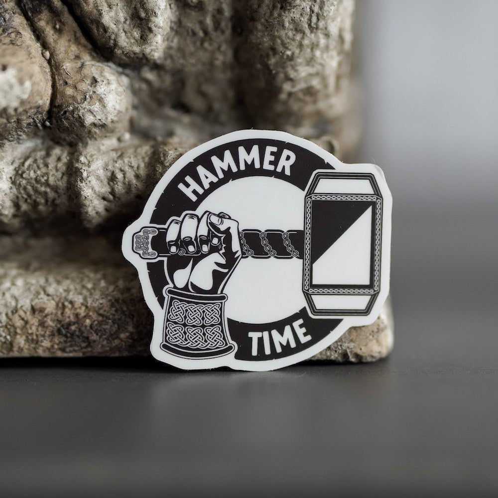 It&#39;s Thor Time Sticker with an image of a hand holding a hammer and a circular border that reads: &quot;Hammer Time&quot;