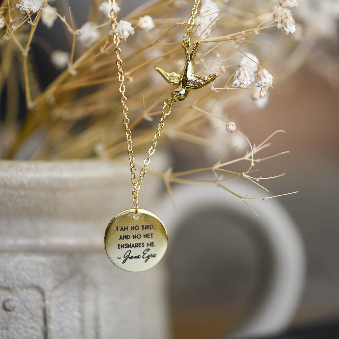 Jane Eyre necklace with quote &quot;I am no bird; and no net ensnares me&quot;