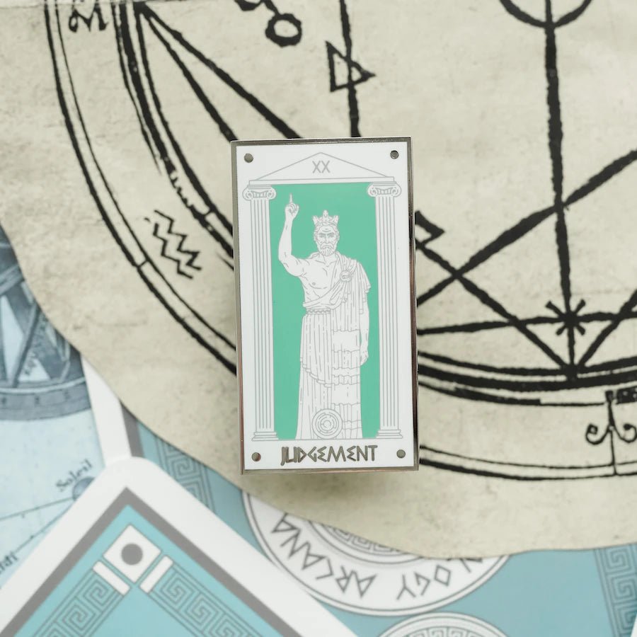 Minos Judgment, Mythology Tarot Enamel Pin features Minos with a horned medallion and the Minotaur&#39;s labyrinth.