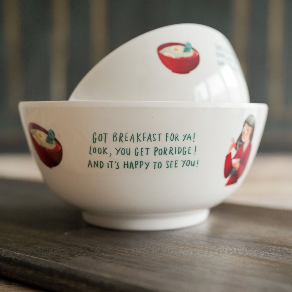 Ramen Bowl Set features a female warrior and her cricket with the words "Got Breakfast for ya! Look, you get porridge! And it's happy to see you!"