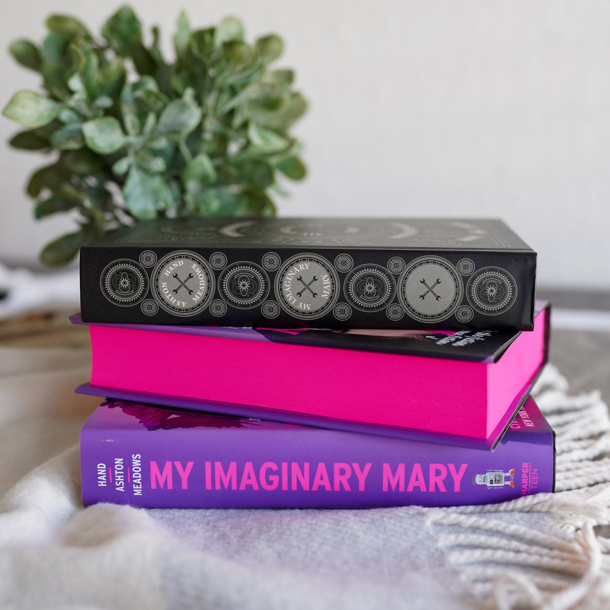 LitJoy&#39;s special edition of My Imaginary Mary book showing the naked spin, the pink stained edges, and dust jacket spine.