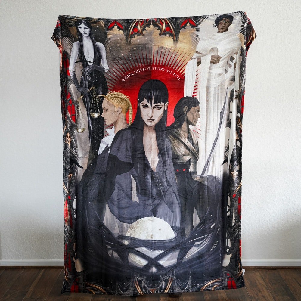 Nevernight Blanket is a flannel fleece blanket with fan art from Jay Kristoff&#39;s Nevernight with Mia, Tric, and Mister Kindly