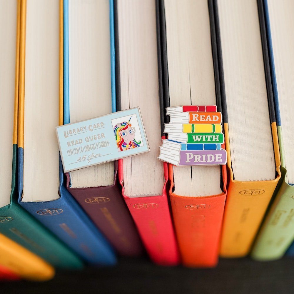 Pride Pin Set with &quot;read queer&quot; library card and &quot;read with pride&quot; enamel pins