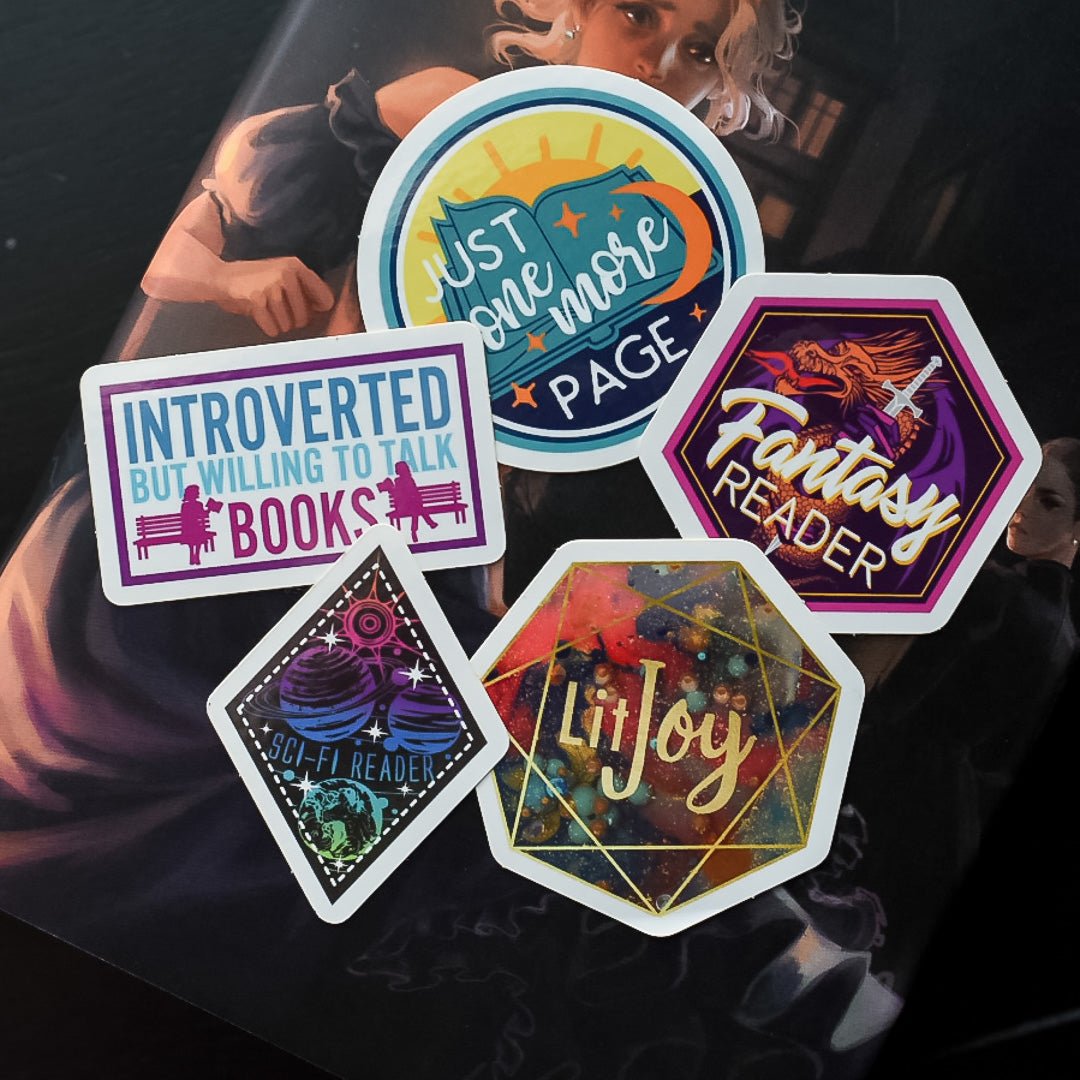 Reader Sticker Pack with 5 designs: Introverted but willing to talk books, Sci-fi Reader, Fantasy Reader, Just One More Page.