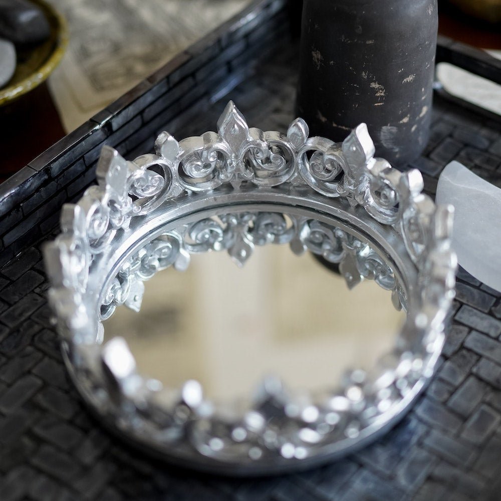 Red Queen Crown Mirror Tray featuring a gold crown studded with jewels and a mirrored bottom