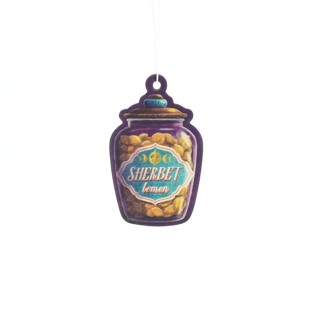Sherbet Lemons Air Freshener is a flat purple jar containing lemon drops and hanging from a string