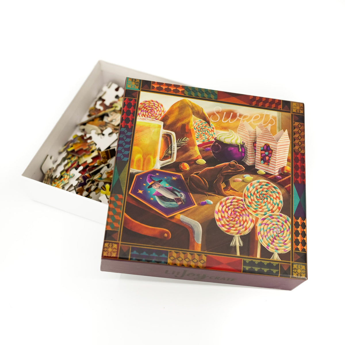 Sweets and Treats Theme Art Puzzle with a multicolored border and images of wizard sweets.