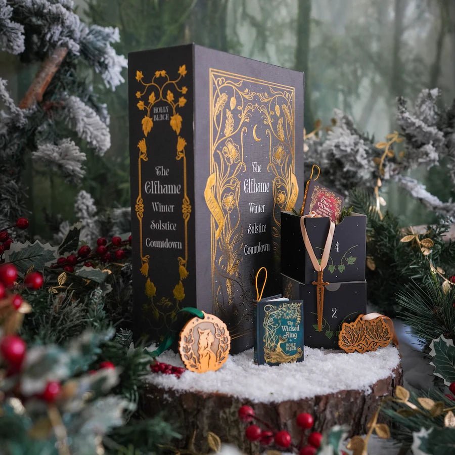 Cruel Prince Winter Solstice Ornament Countdown with 12 ornaments that are FOTA mini-book replicas, character symbols, and felt faerie objects.