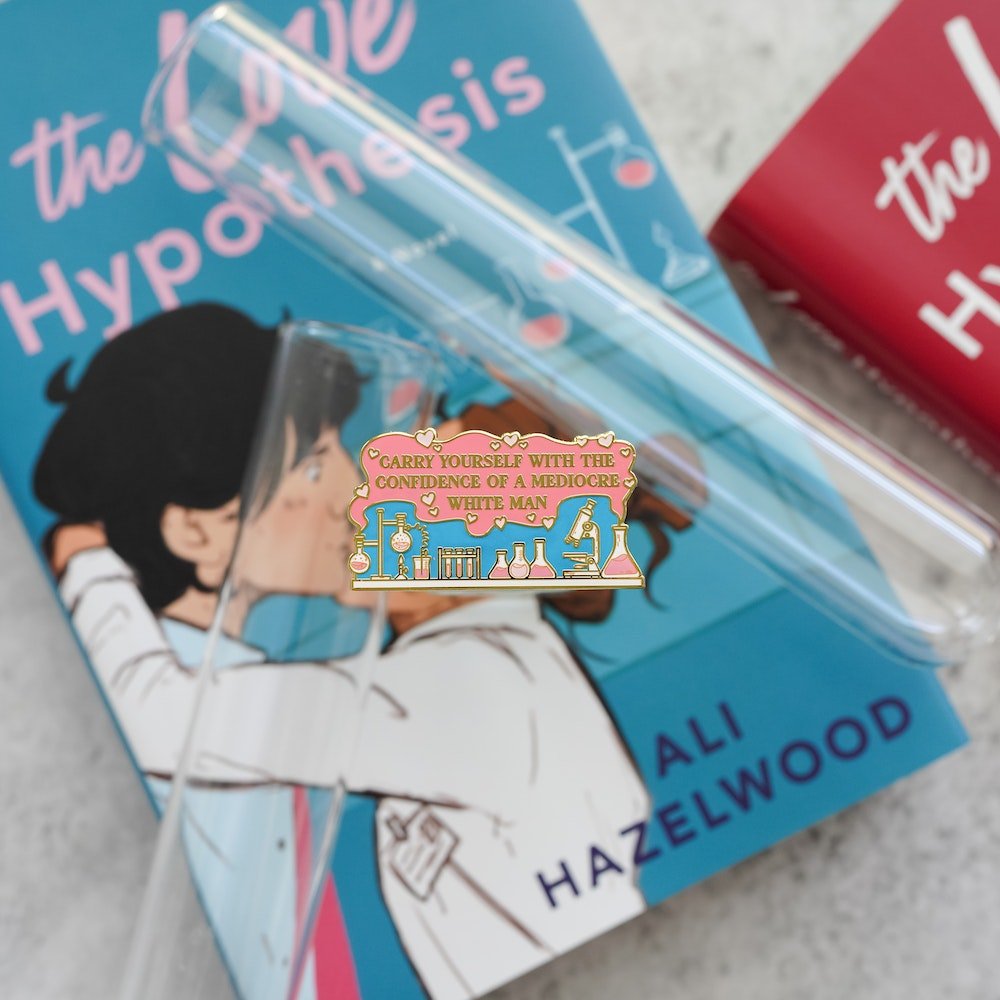 The Love Hypothesis Enamel Pin with hearts, chemist materials, and a quote from the book