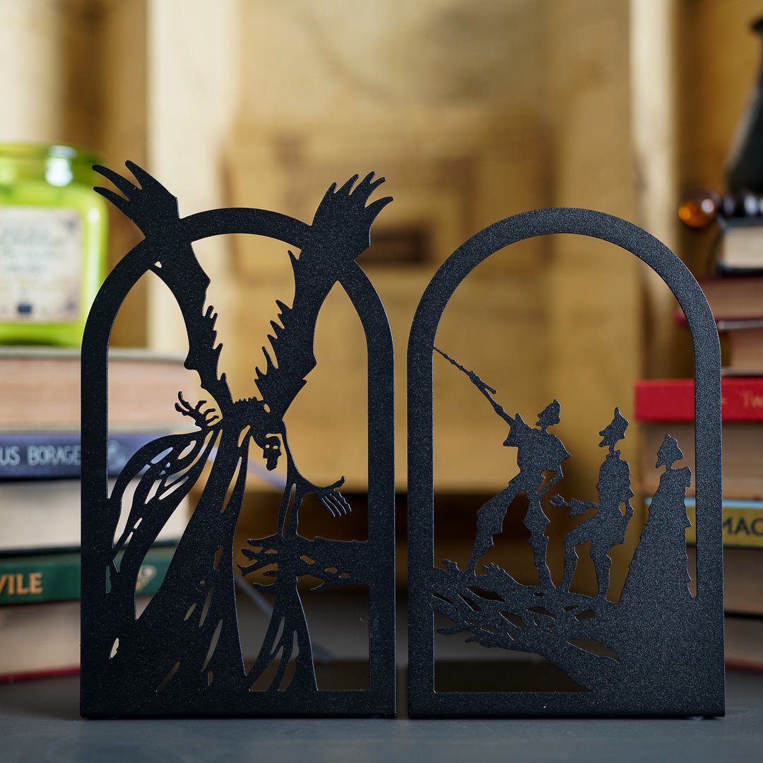 Brothers Bookends are black metal with cutout designs of the three brothers on one side and death on the other side