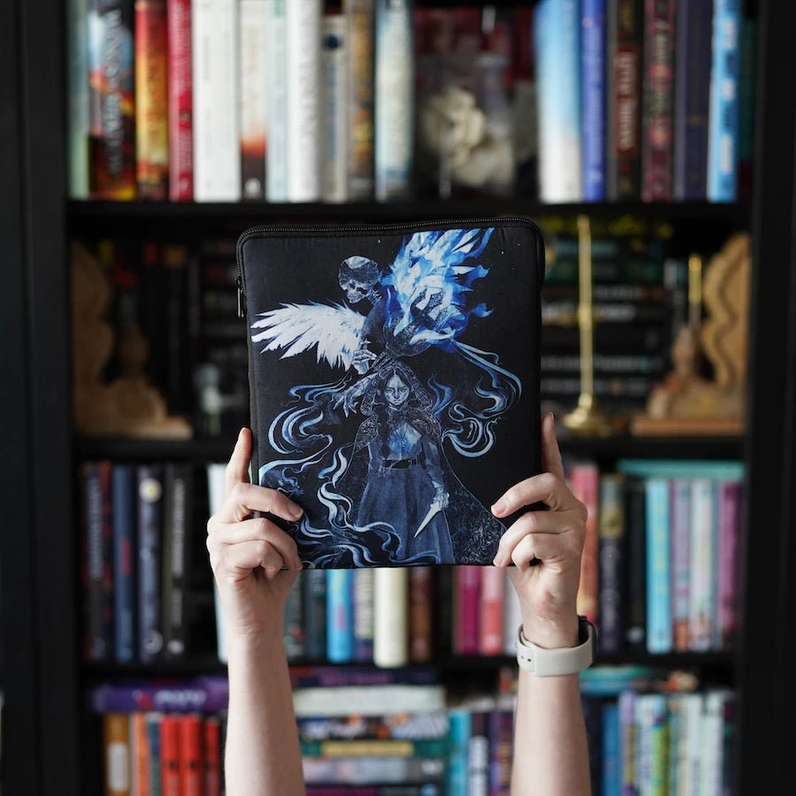 Artemisia stands in a mist of spirits with her white crow and the revenant on the Vespertine Book Sleeve sold by LitJoy Crate