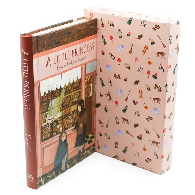 A Little Princess by Frances Hodgson Burnett includes a pink slipcase and new cover with Sara Crewe feeding a homeless girl