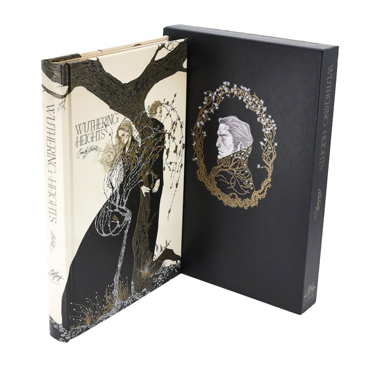 Wuthering Heights is off-white with a tree and Catherine and Heathcliff back to back and the slipcase is black with a profile of Heathcliff