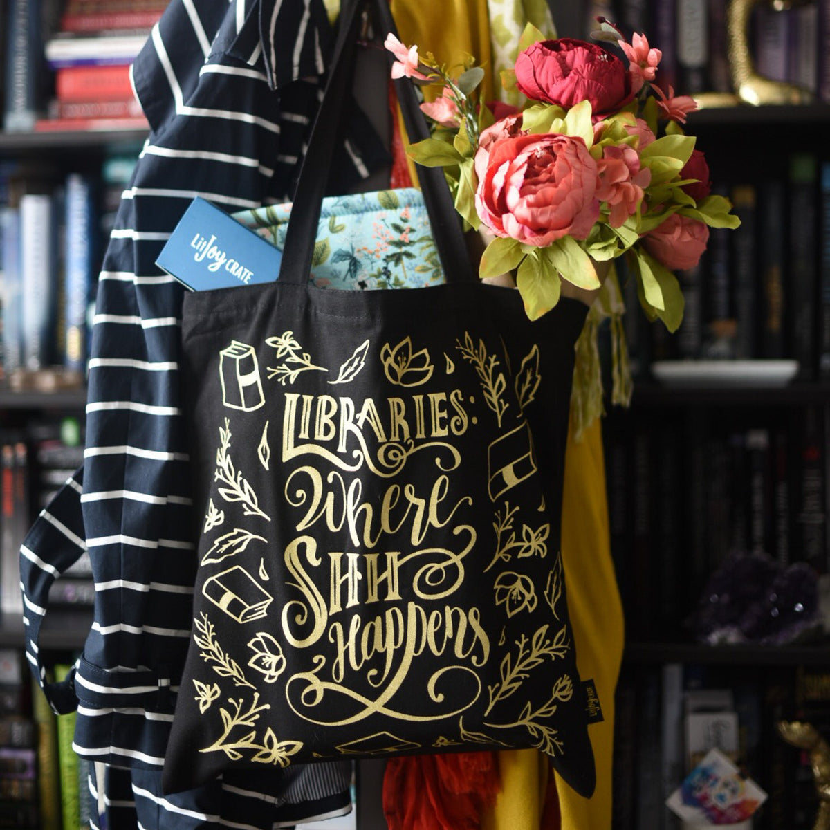 Where Shhhh Happens Book Tote from LitJoy Crate | Collectibles &amp; Gifts for Booklovers
