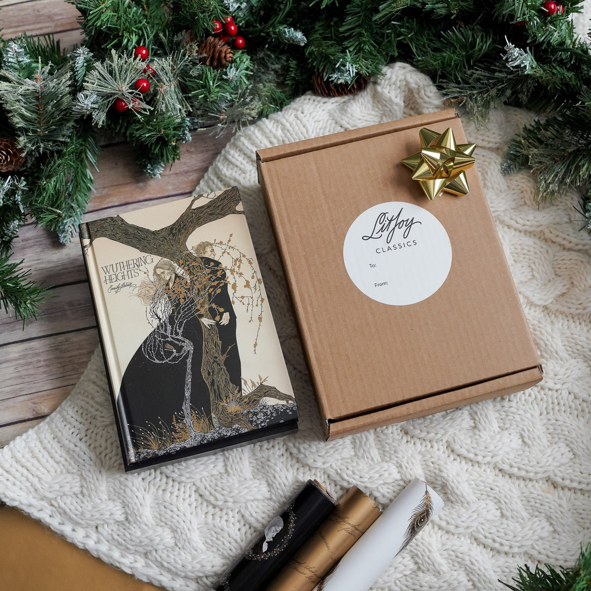 Wuthering Heights Gift Box with a notebook, pen, candle, woodmark, and book by Emily Brontë