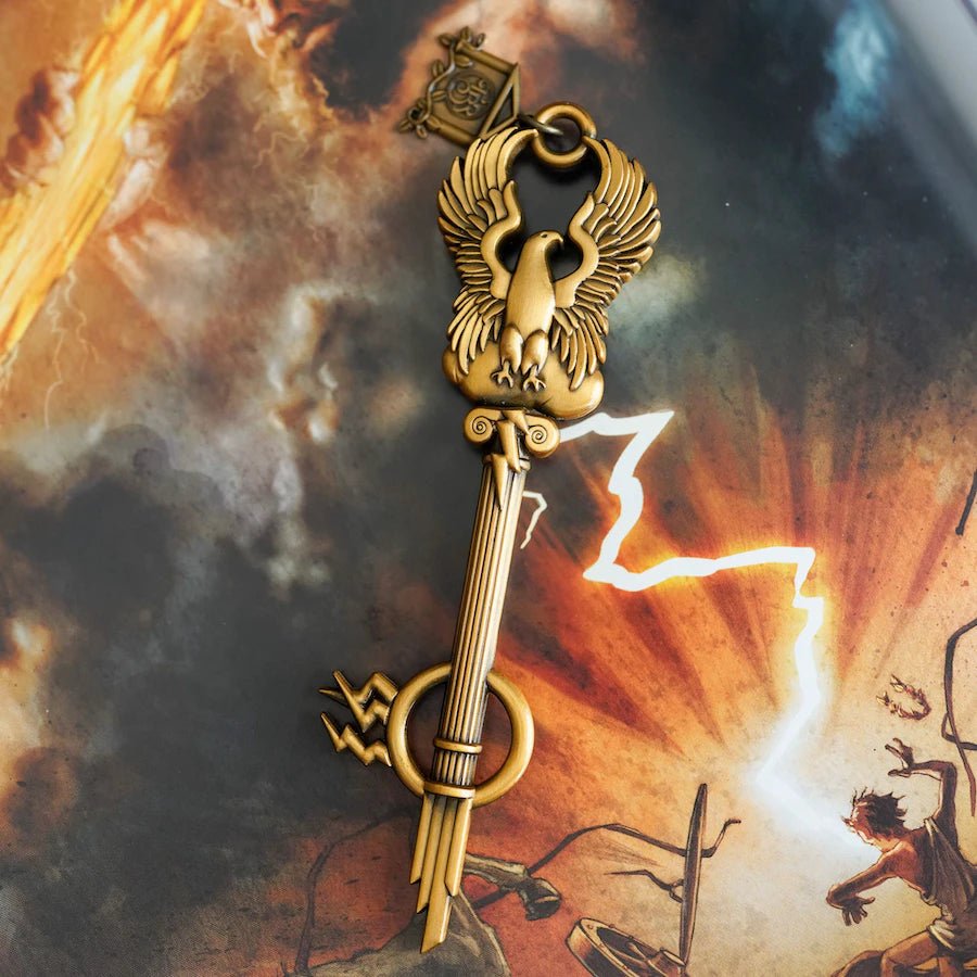 Zeus Greek Mythology Key has an eagle with spread wings, a Greek column body and lightning bolts as the key's teeth.